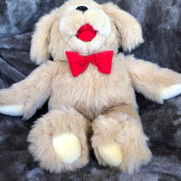 Vintage Goffa Dog Plush with Red Bow Tie & Red Mouth Tan Puppy Stuffed Animal - Picture 3 of 12